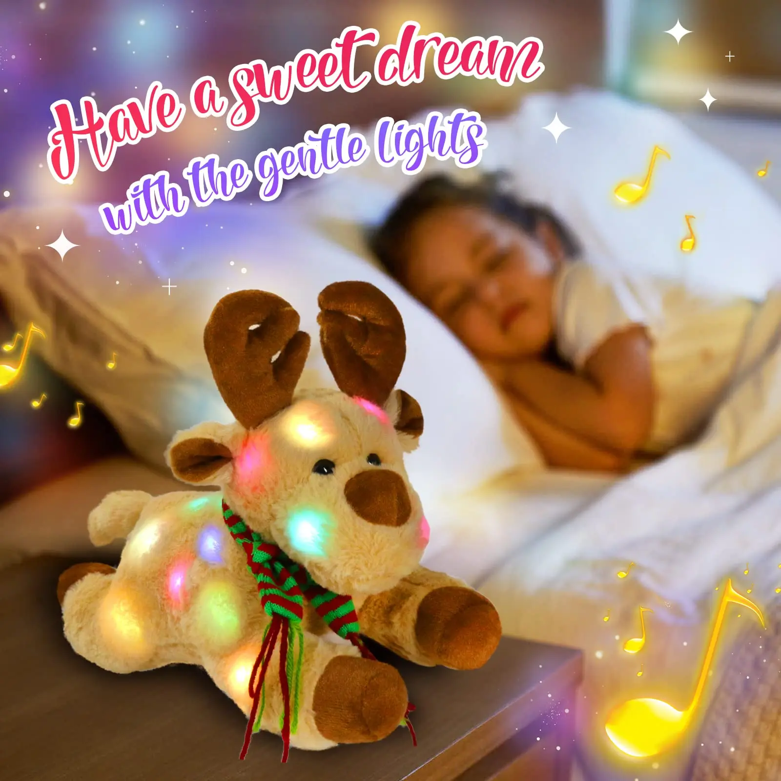 Juguetes de peluche de alce Musical para niños y niñas, almohadas suaves con luz LED, animales de peluche, bufanda de Navidad, 33cm