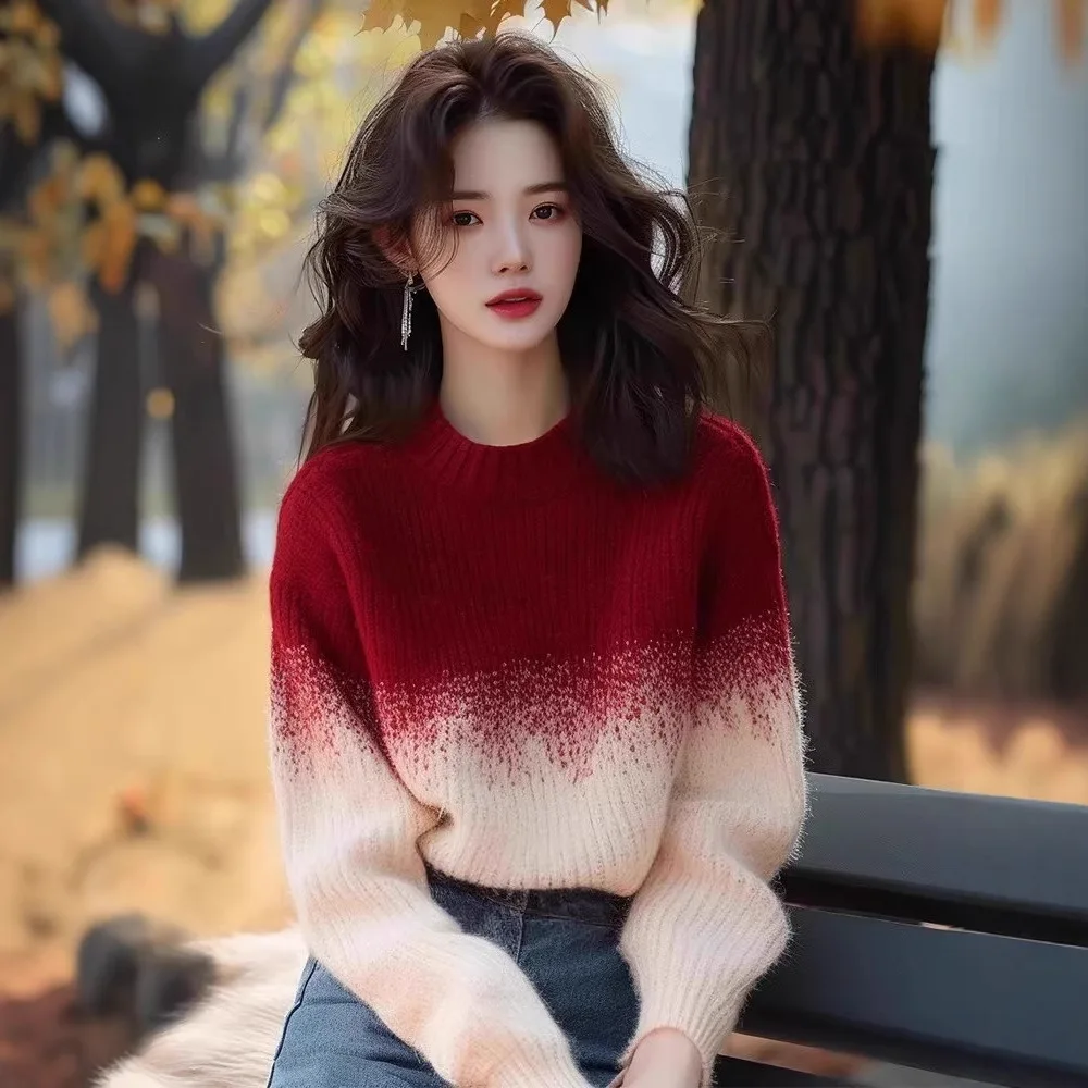 BOWEYLUN Ankora красный абрикосовый градиентный свитер с круглым вырезом женский зимний повседневный вязаный свитер пуловер топ женский