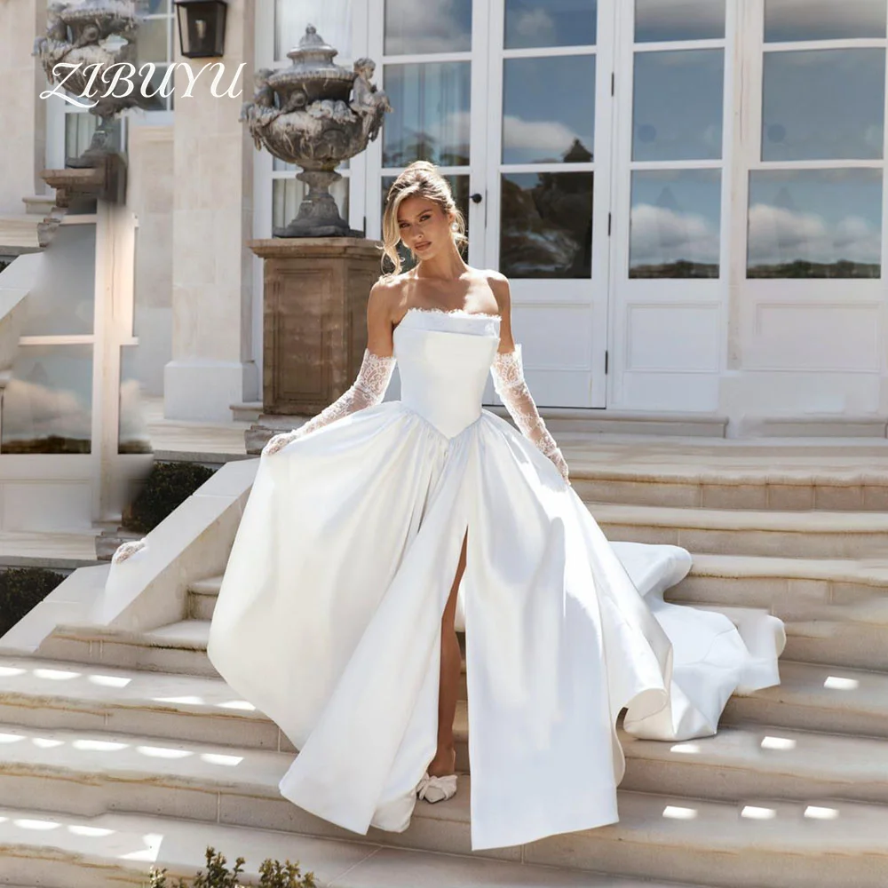 

ZIBUYU Customized Elegant Luxury Wedding Dress 2026 Strapless Sweetheart Sleeveless Satin A-Line Skirt Lace-Up Back Bridal Gowns
