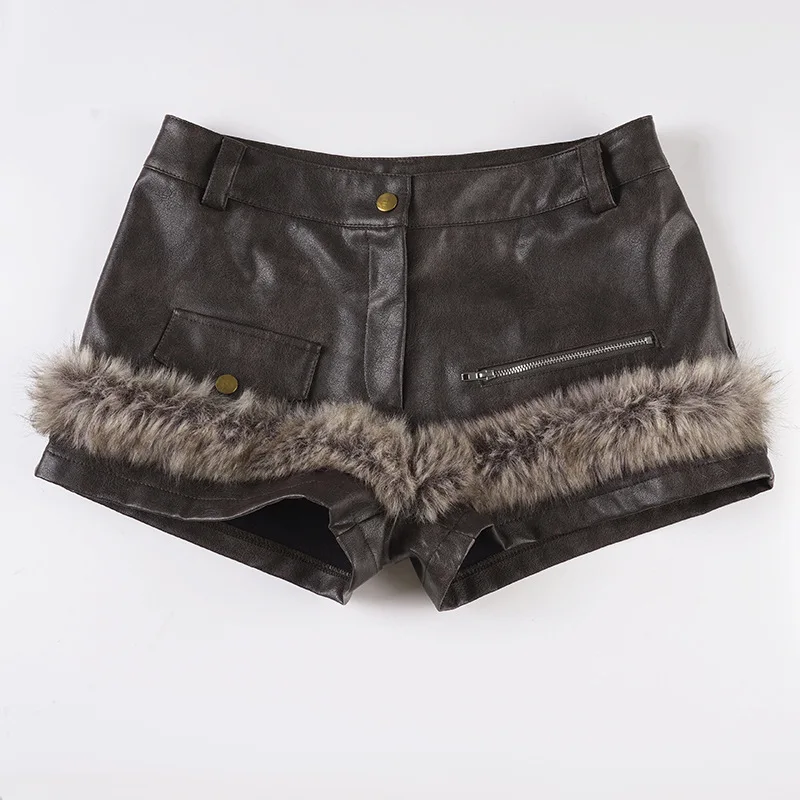 

Autumn Winter New 2025 Street Style Plush Splicing Pu Leather Shorts Women's Zipper Design High Waist Leather Booty Shorts