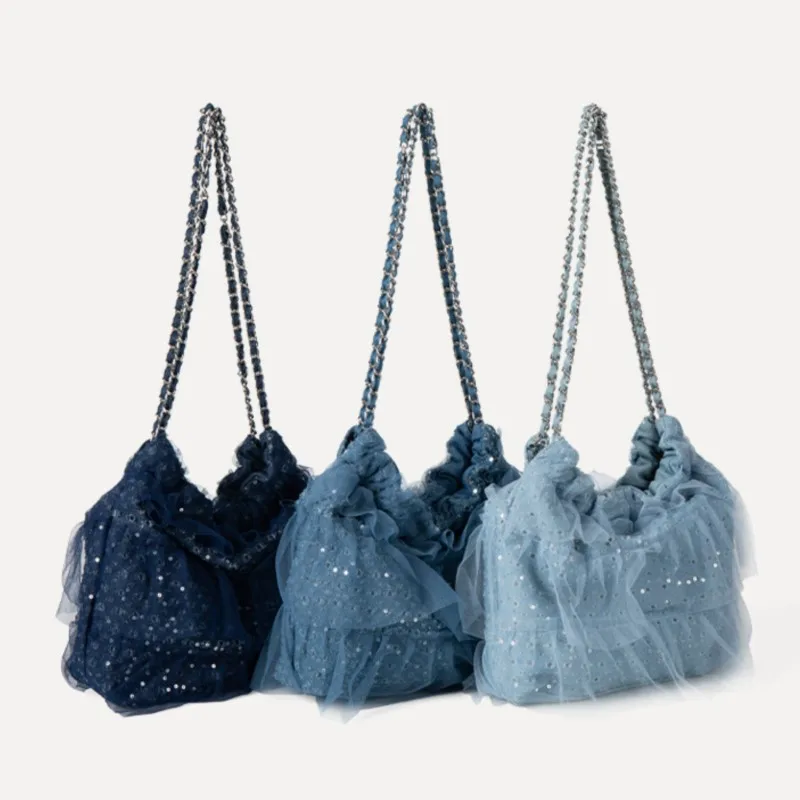 Mesh Sequined Denim Shoulder Bags Women Korean Casual Versatile Bucket Bag Fashion Simple Design Crossbody Bag Summer 2024 New