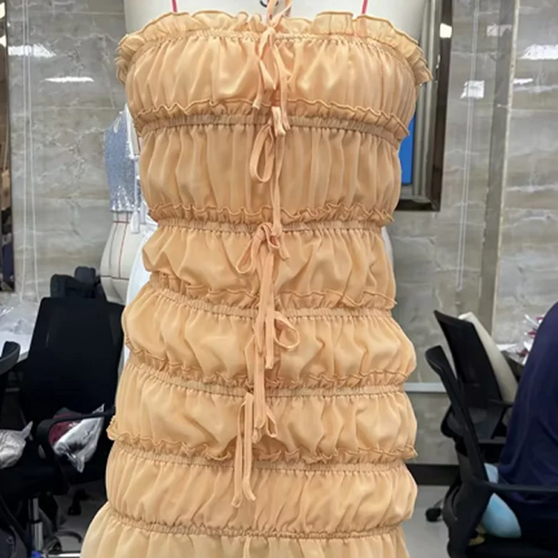 Vestido feminino franzido em camadas sem alças com cordão e laço frontal sólido slim fit tubo mini vestido para verão primavera