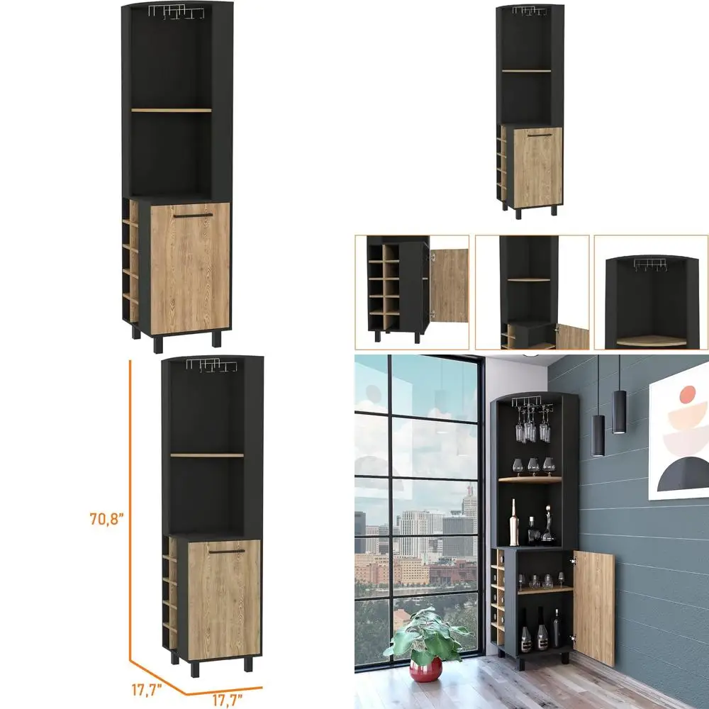 Bar Cabinet with Open Shelves, Inner Shelves, Glass Rack, and Wine Cubbies, Black/Pine