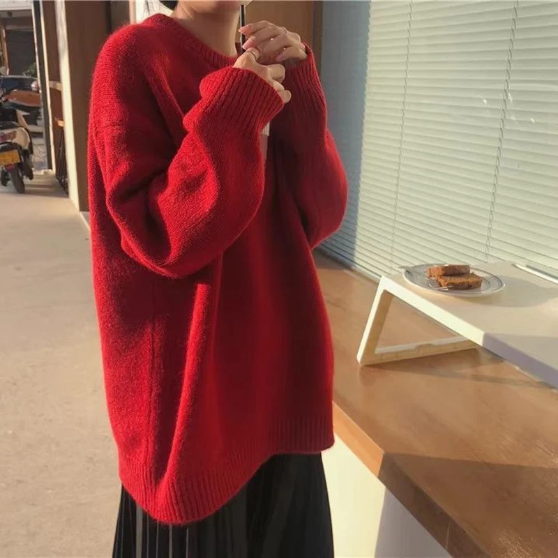 Rimocy Autumn Winter Red Sweater Women Round Neck Loose Knitted Jumpers Woman Christmas Style Long Sleeve Chic Sweaters Female