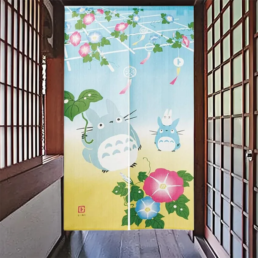 Japanese Noren linen curtain for cats under morning glory flowers can be used for shading and bedroom living room partitions