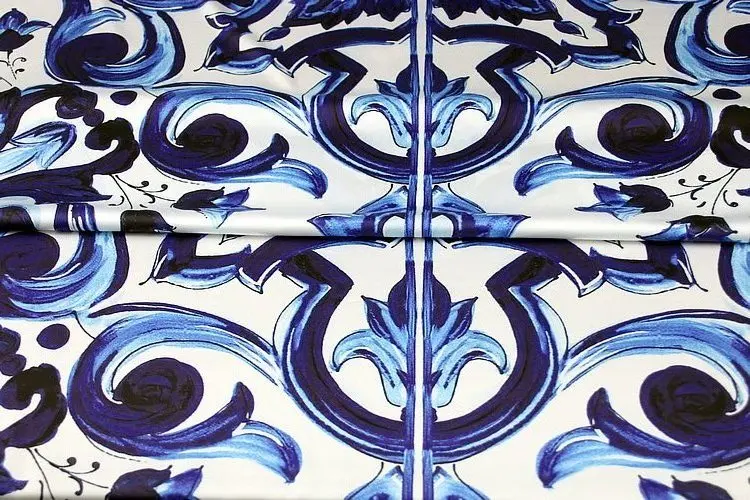 Blue and White Porcelain Series Large Flower Custom Satin Silk Fabric mulberry Textile Digital Print to Dress Home Design Sewing