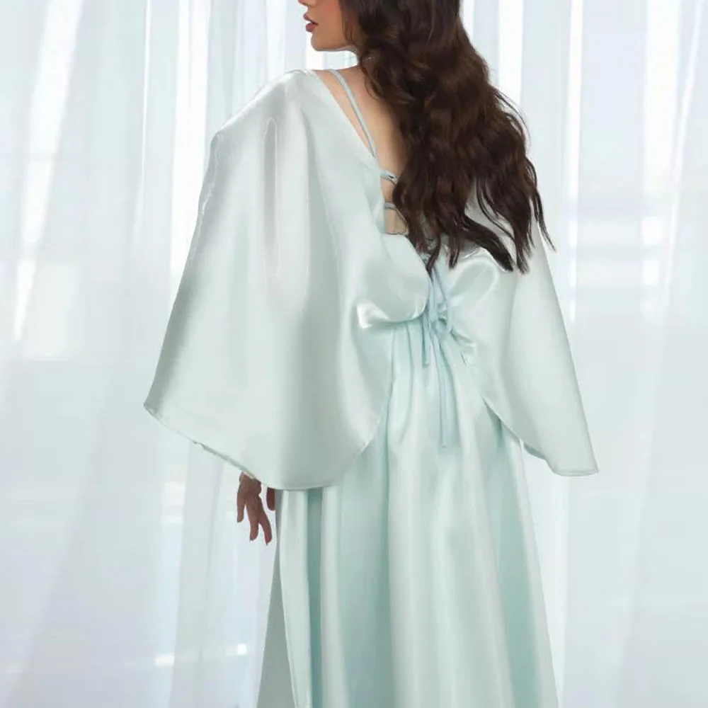 فستان سهرة مخصص بأكمام واسعة وطيات ورقبة مربعة فساتين رسمية حورية البحر مع شال أزرق من الساتان لحفلات الزفاف