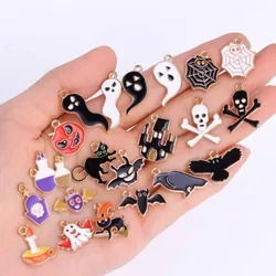 10Pcs Alloy Metal Enamel Mixed Hallowmas Pendants Ghost Bat Skull Pumpkin Charms For DIY Earring Necklace Jewerly Making Ornamen