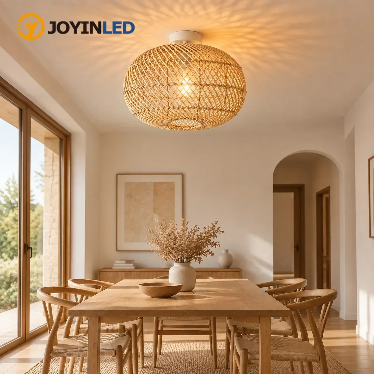 JOYINLED 40CM Boho E27 E26 Ceiling Chandelier Cover Rattan Ceiling Lamp Shade Beige Hand-Woven Light Fixture for Bedroom Kitchen