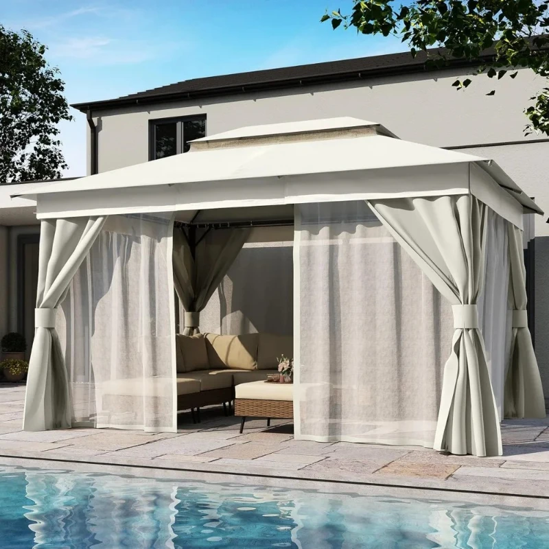 

Outdoor Patio Gazebo 10'x13', Heavy Duty Party Tent & Shelter with Double Roofs, Mosquito Nettings and Privacy Screens