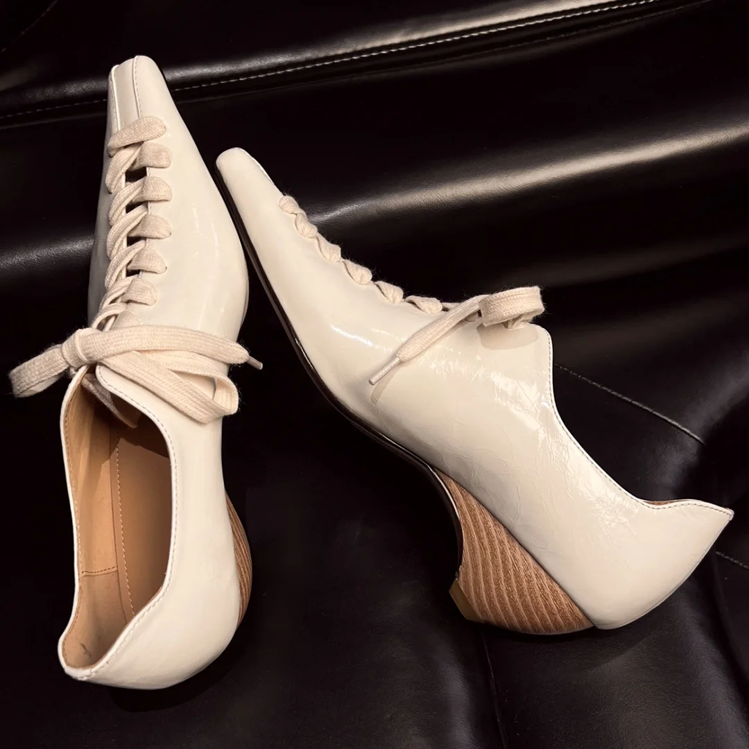 

Women's genuine leather pointed toe lace-up pumps 4.5cm wedge med heel casual female high heel daily oxfords soft comfort shoes