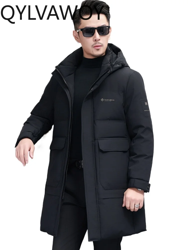 QYLVAWOY 84% Polyamide Winter New Thickened Men's Down Jacket Middle-Aged Mid-Length Business Casual Warm Outerwear LJ2579