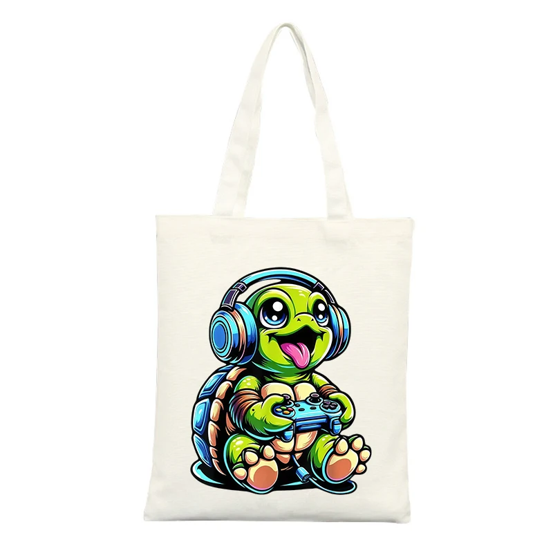 Canvas Tote Bag with Cute Turtle Graphic, Ideal for Casual Shopping and Daily Use