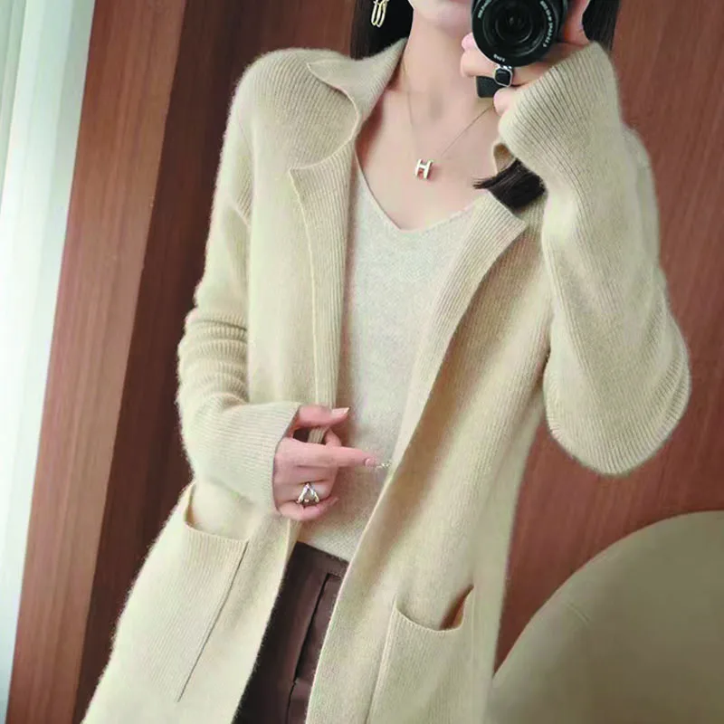 

Spring and Autumn New Long Wool Cardigan Women's Suit Neck Knitted Coat Temperament Joker Coat