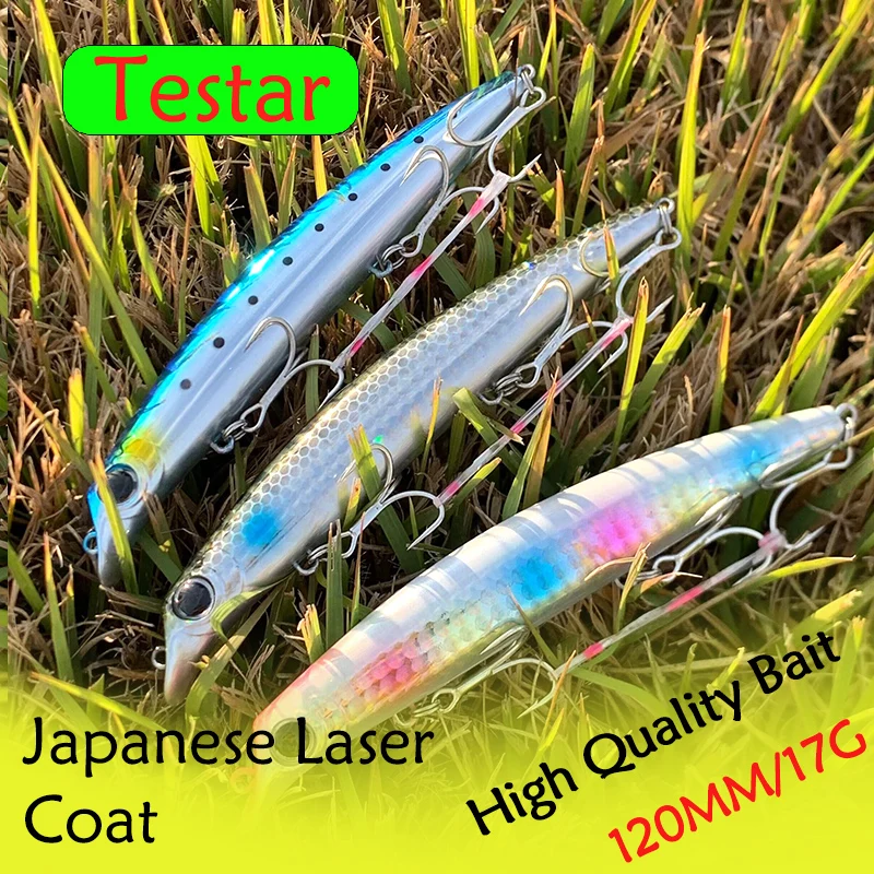 Testar balıkçılık cazibesi 120mm 17g yüzer Minnow yem uzun döküm Jerkbait yapay lazer Wobblers yem Pike bas uskumru Pesca