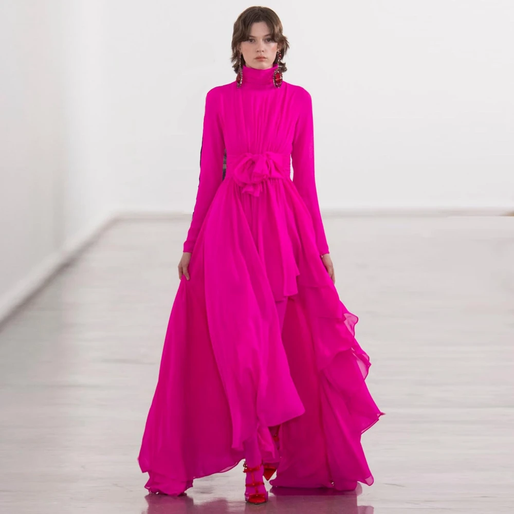 Graceful High Neck Fuchsia Chiffon Women Clothing Floor Length Long Sleeve Evening Dress With Train Custom Made Prom Gown 2024 N