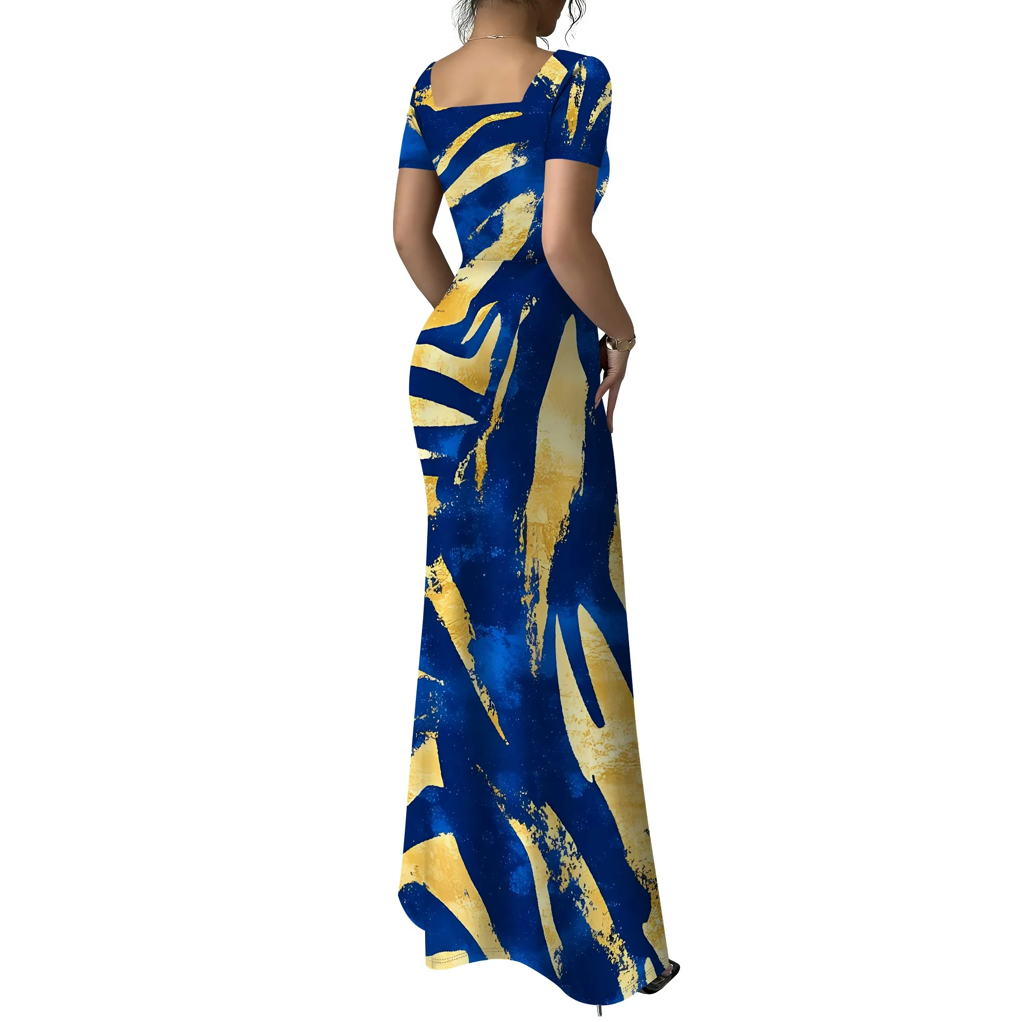 Nupusa Gold Brush Print Dress for Women Standard Size Summer Casual Square Neck Short Sleeve Maxi Dress