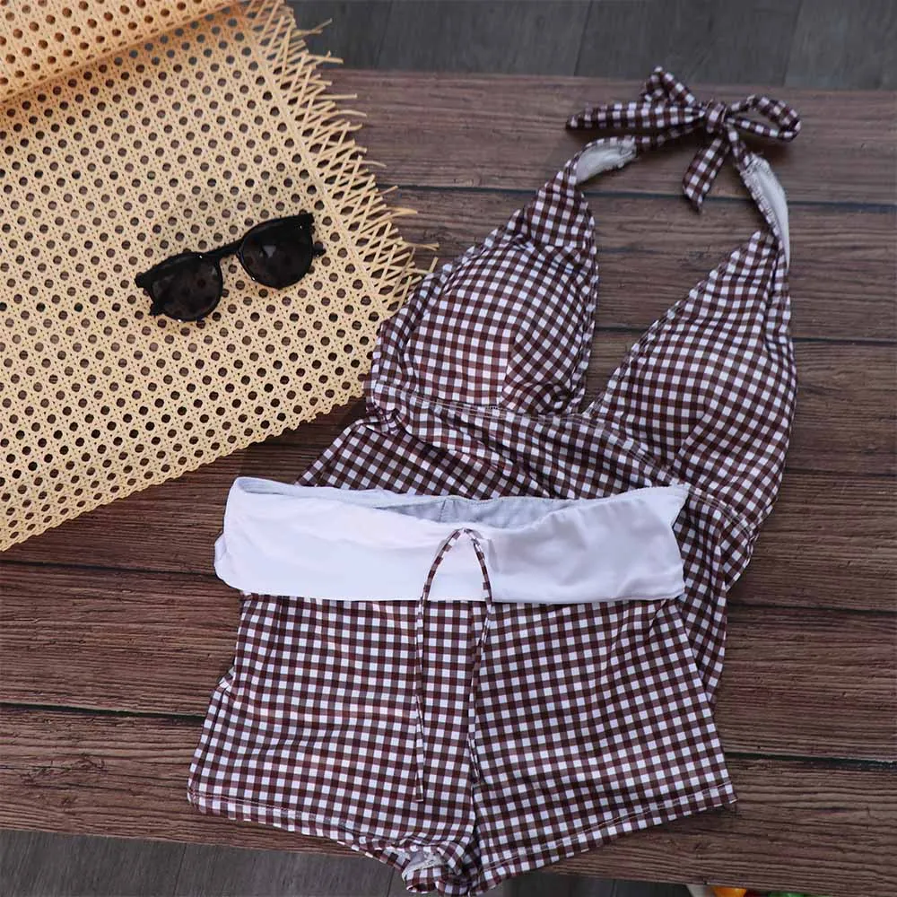 

Halter Neck Sling Two Pieces Bikini Suit V-Neck Slim Fit Stripe Swimwear Set Summer Y2k Beachwear Clothing Swimming Pool