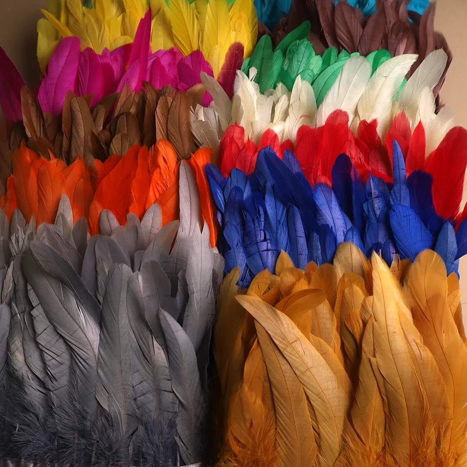 Rooster Cock Tail Feathers Trims 15-20cm Silver Golden Chicken Feathers Trims Strung Rooster Feather Trimming Carnival Costume
