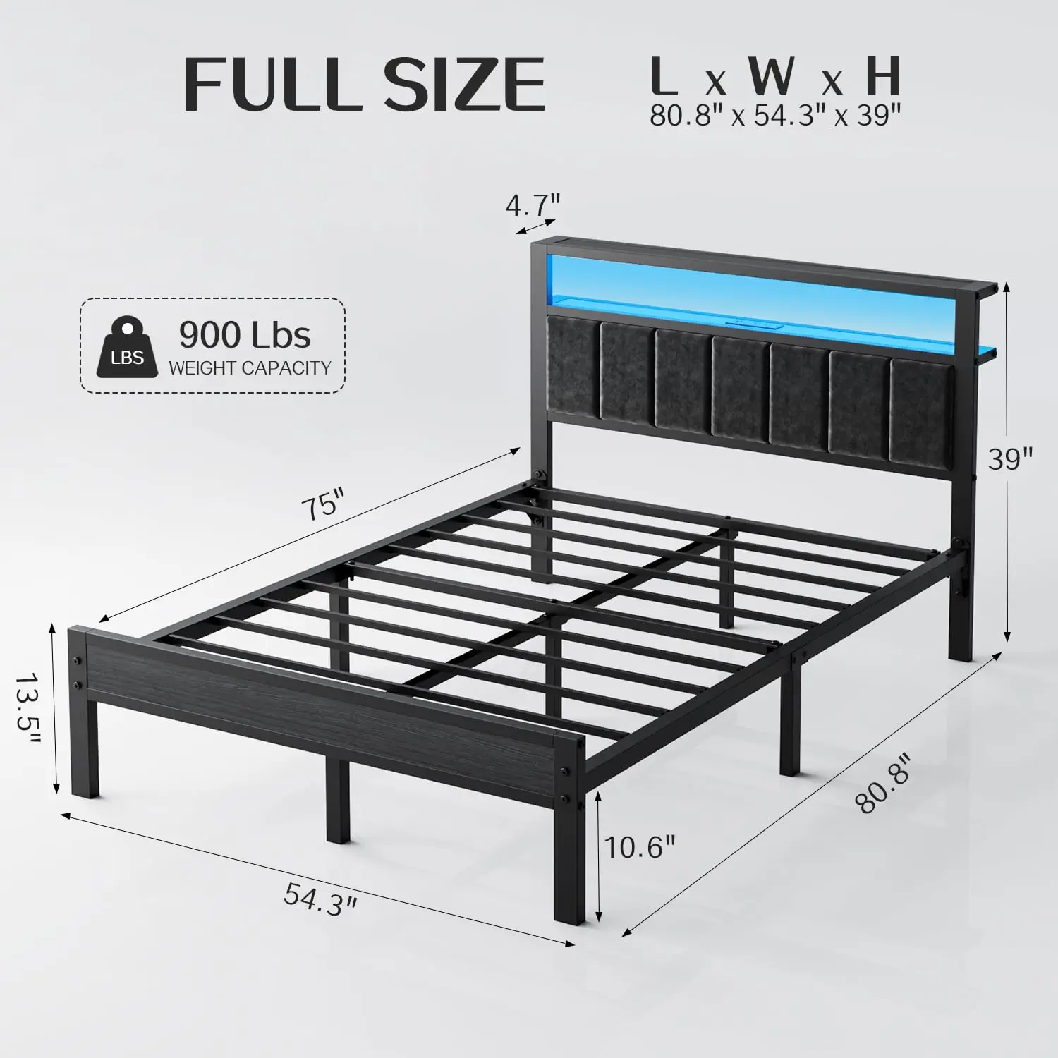 Modern King Size Platform Bed Frame With Upholstered Headboard, Integrated Charging Ports And Ambient LED Lighting, No Box view 2