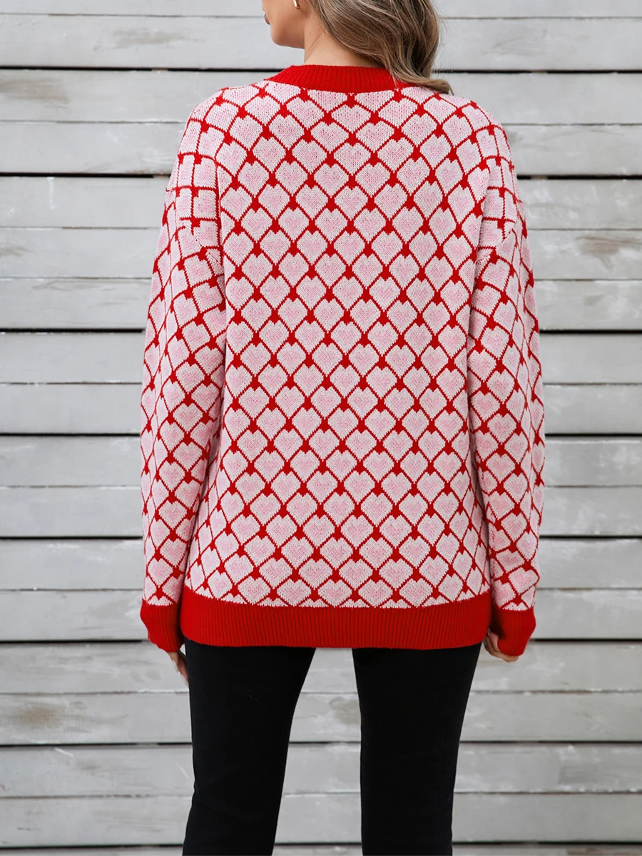 Women s Argyle Heart Print Sweaters Classic Long Sleeve Crew Neckline Loose Knit Pullover Tops