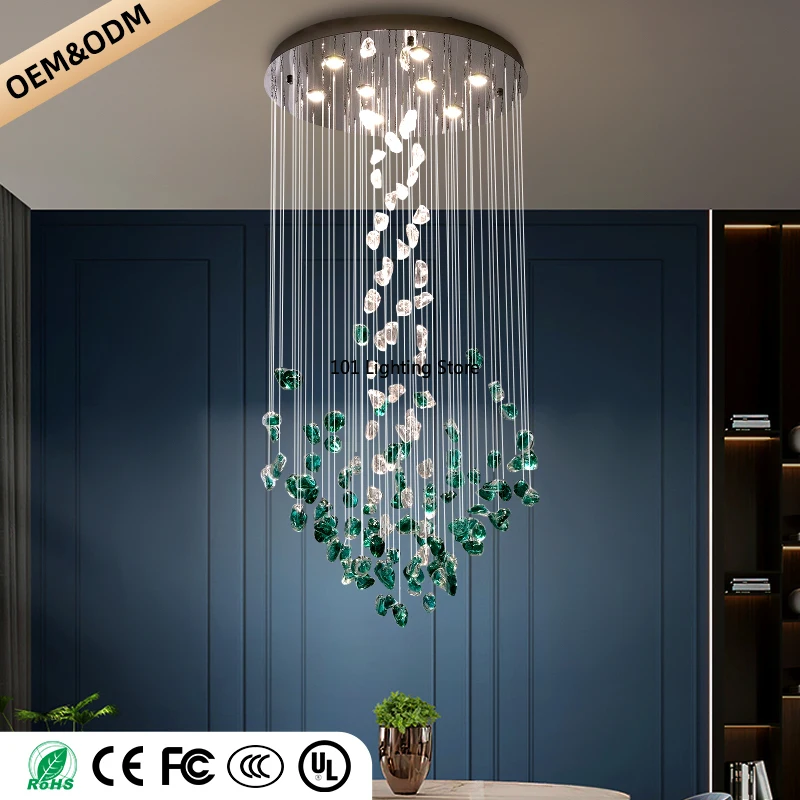 Dining Room Chandelier Nordic Duplex Villa Hall Hanging Lamp Green Stone Glass High Ceiling Living Room LED Pendant Lights