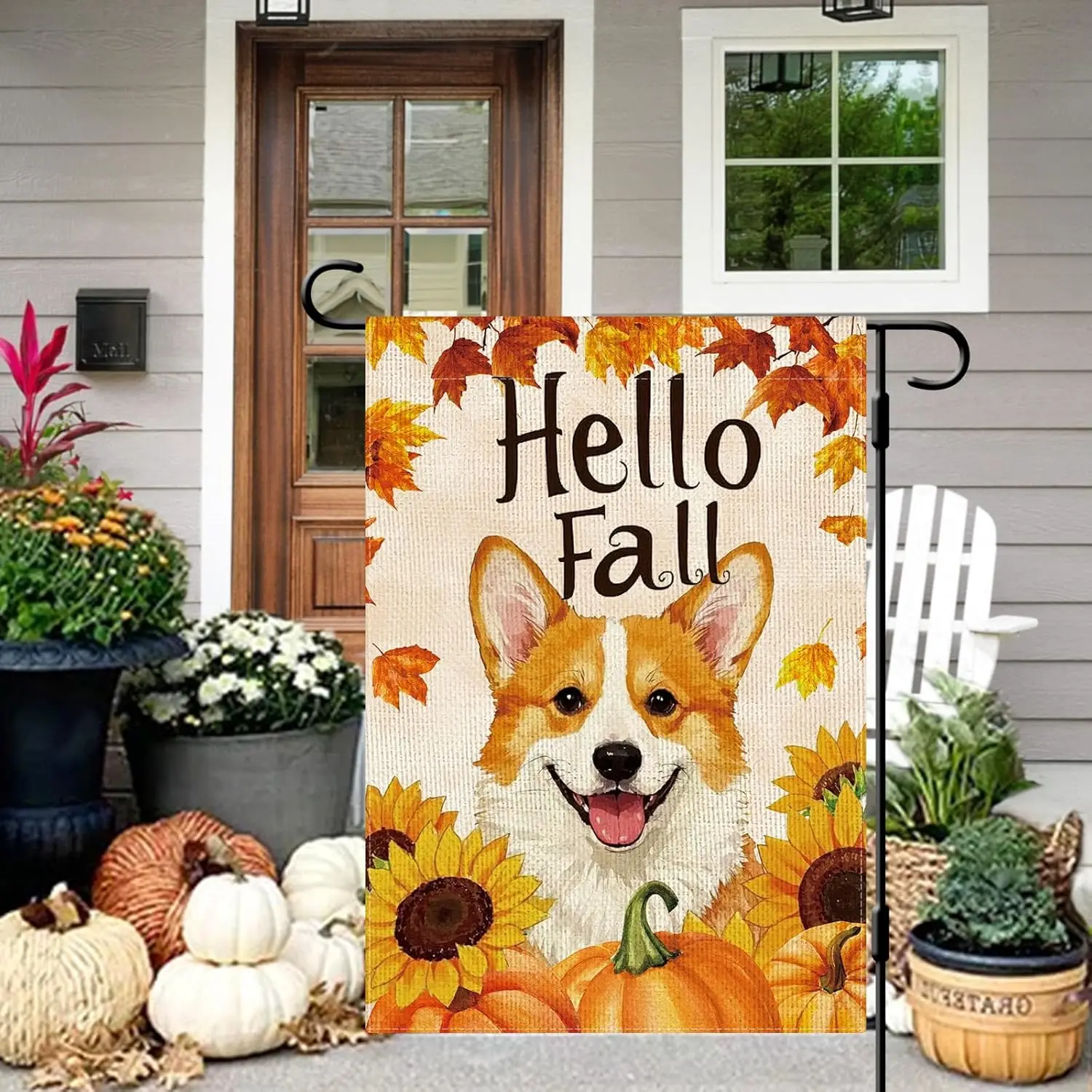 DLZDN Hello Fall Dog Garden Flag Corgi Pumpkins Sunflower Flag 12×18 Inch Double Side Vertical Burlap Farmhouse Yard Sign Au UUN