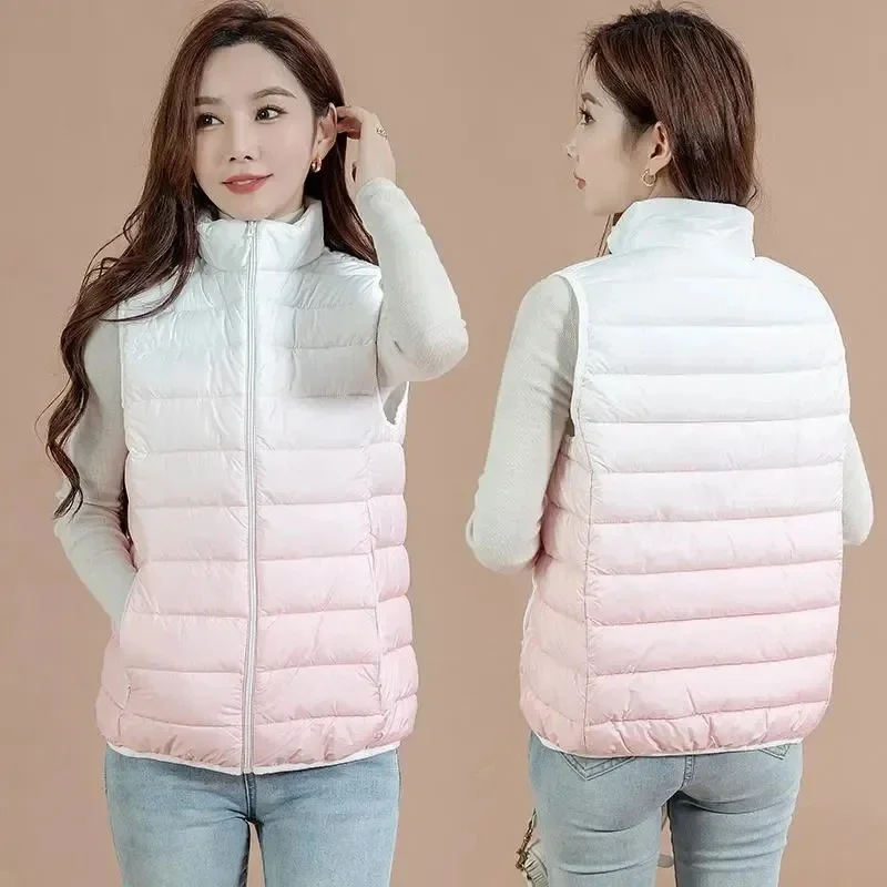 

Autumn Winter New Light Thin Standing Collar Down Cotton Vest Women's Slim Fashion Sleeveless Warm Gradient Waistcoat Female