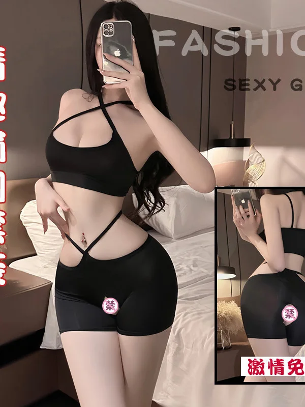 Sexy Sporty And Girl Shorts Set Skinny Sexy Thin Transparent Yoga Chest Wrapped Low Neck Shorts Uniform Set Fashion Women M10R