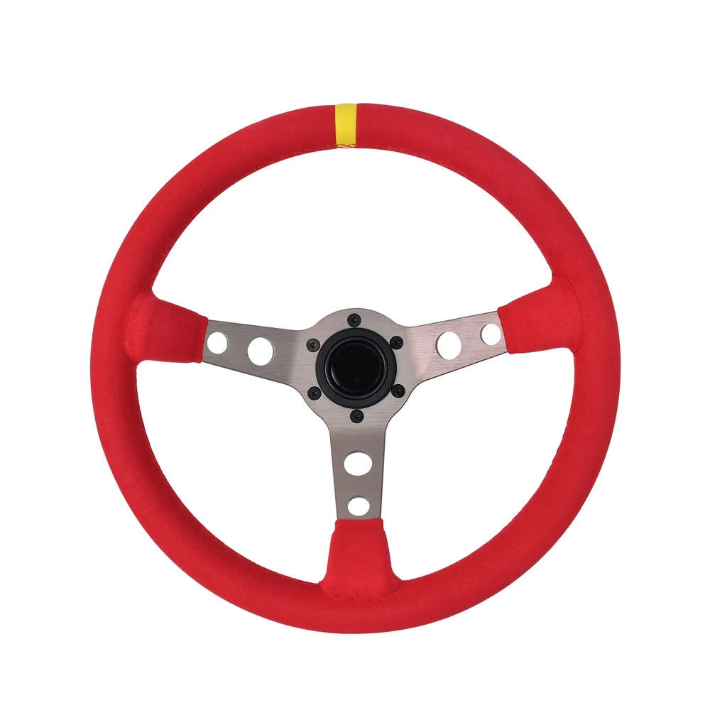 Universal 345mm Red Suede Leather Steering Wheel 3 Spokes Deep Concave Drift Sport Steering Wheel with Yellow Connector