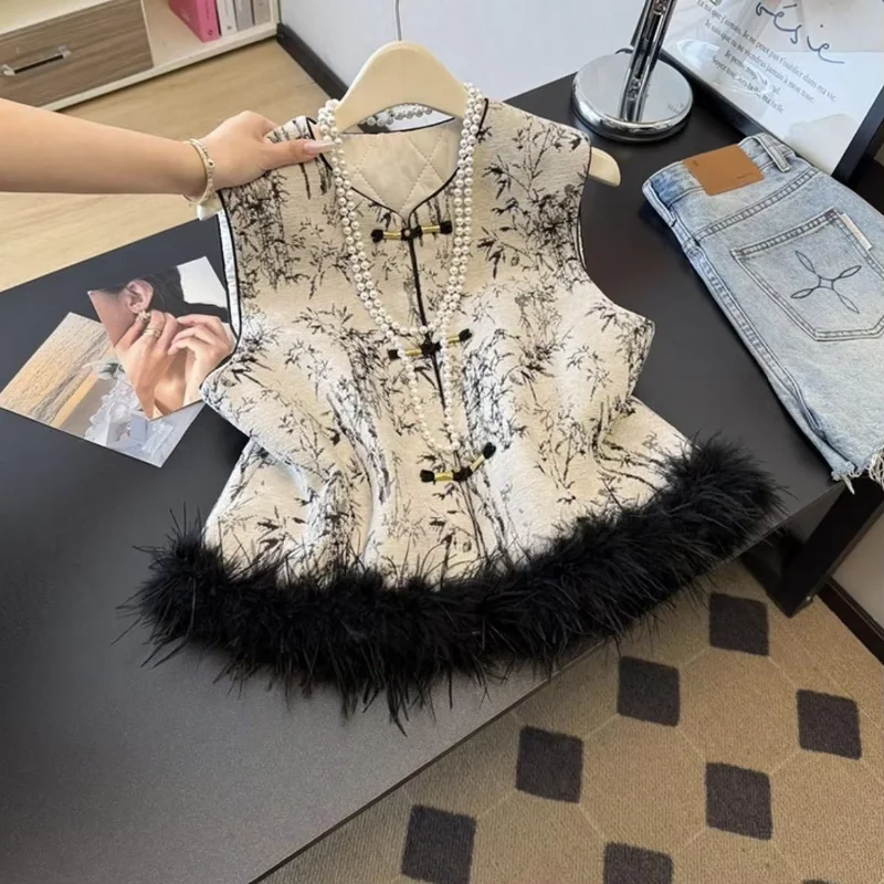 Thicked Hairy Patchwork Streetwear Vest New Chinese Style Embroidery Jacquard Coat Slim Patchwork Trendy Hot Sell Outwear