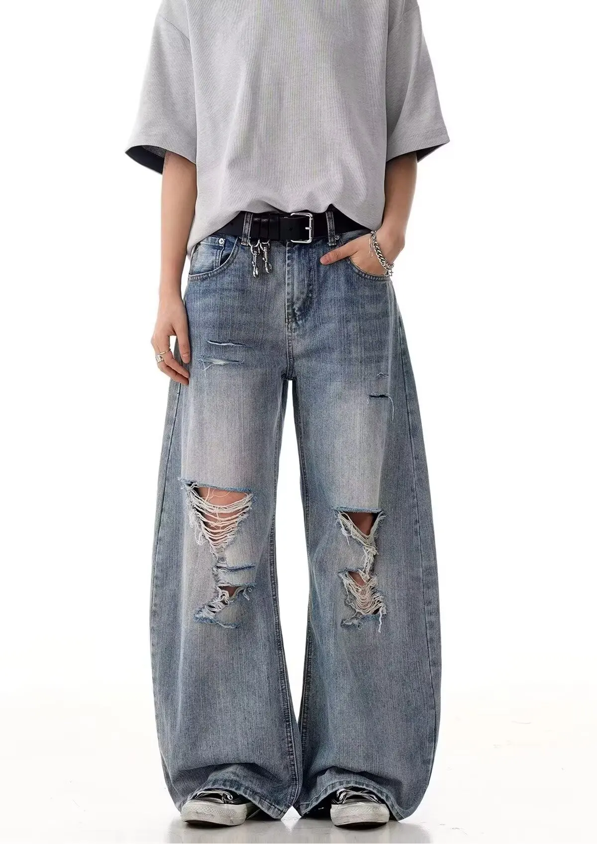Summer New 2026 Personalized Ripped Jeans Hip-Hop High Street Trendy Casual Wide-Leg Pants for Men