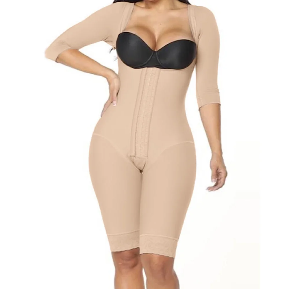 Shapewear with Medium Sleeves Open Bust Bodysuit With Hooks Waist Trainer Body Shaper Tummy Control Post Surgery Recovery Wear