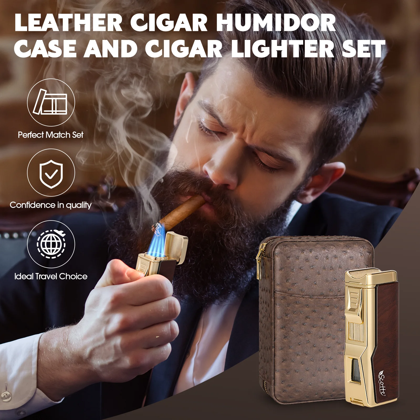 Scotte Cigar Humidor Box Cigar Lighter Cedar Wood Lined Leather Cigar Case Built in Hygrometer Humidifier with Cigar Holder Kit