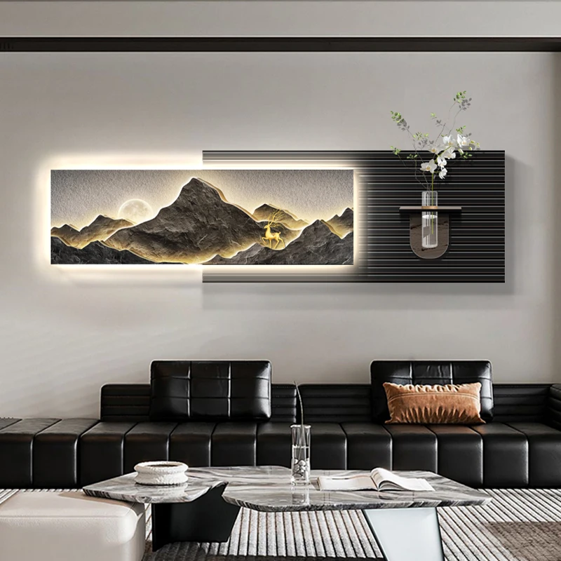 e*-LED ambient light painting for the living room, modern and light luxury, hydroponic green plants, high-end sofa background