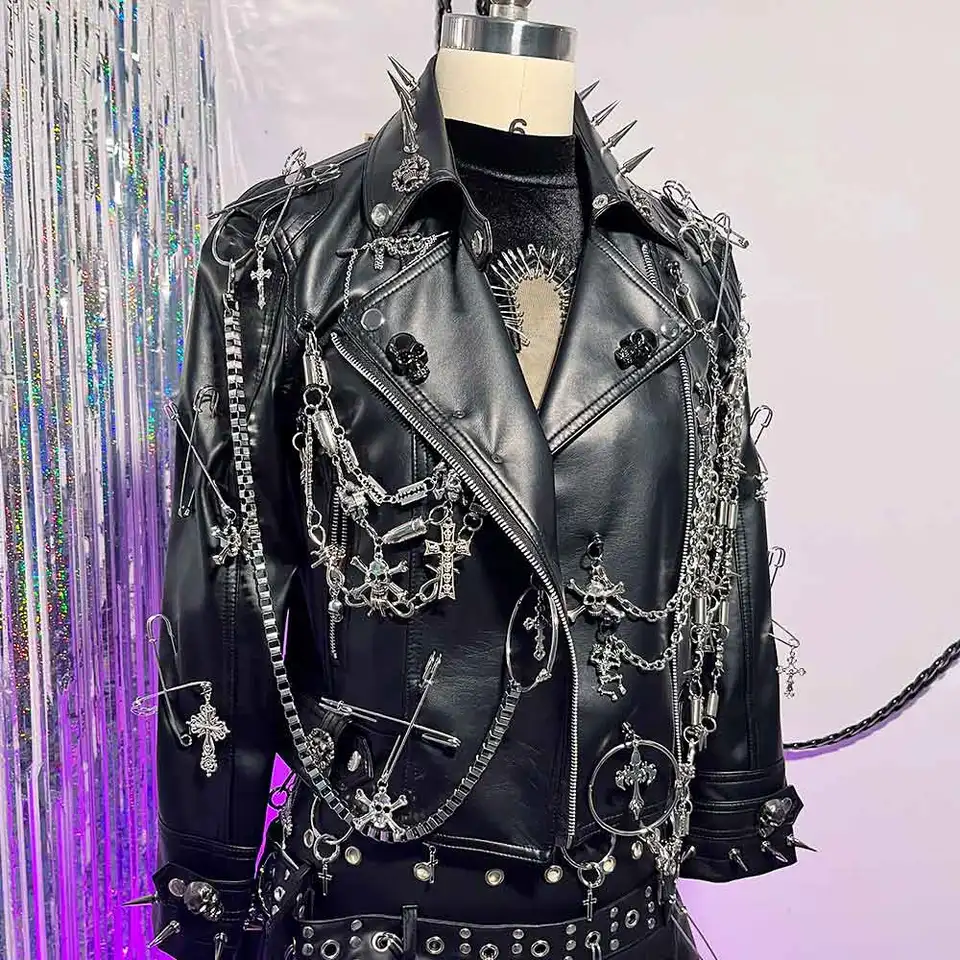 Women's Black PU Leather Gothic Biker Punk Rock Jacket Y2K Spiked