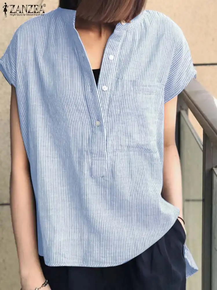 ZANZEA Summer Fashion O Neck Short Sleeve Tops Vintage Casual Shirt Female Party Blusas Chemise Oversize Women Striped Blouse