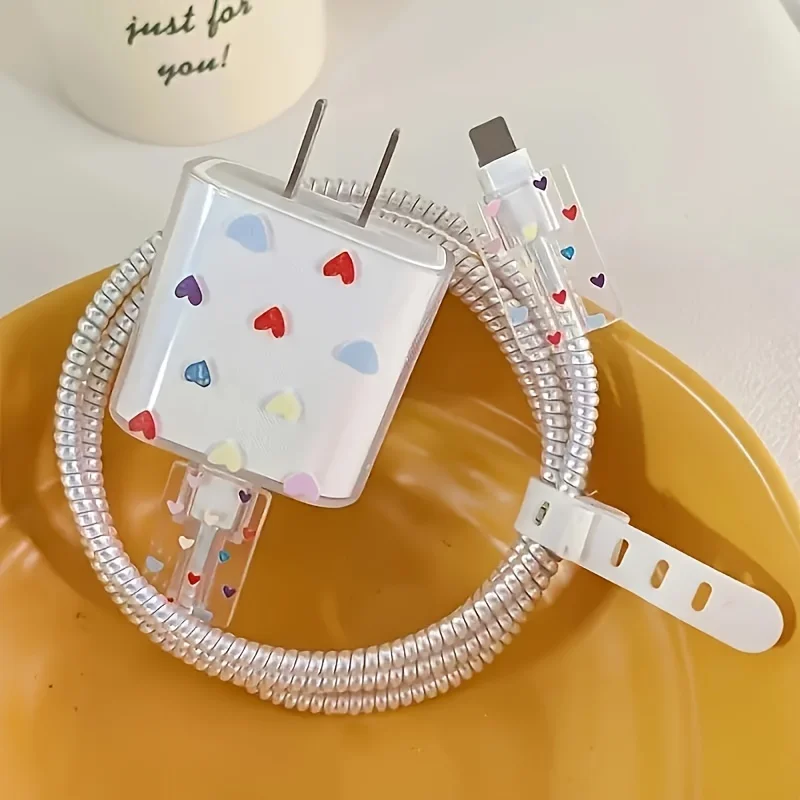 4 قطعة/المجموعة الحب القلب لينة شاحن حامي القضية آيفون 16 15 14 13 18 واط 20 واط شحن رئيس الغطاء الواقي كابل يو اس بي اللفاف #3