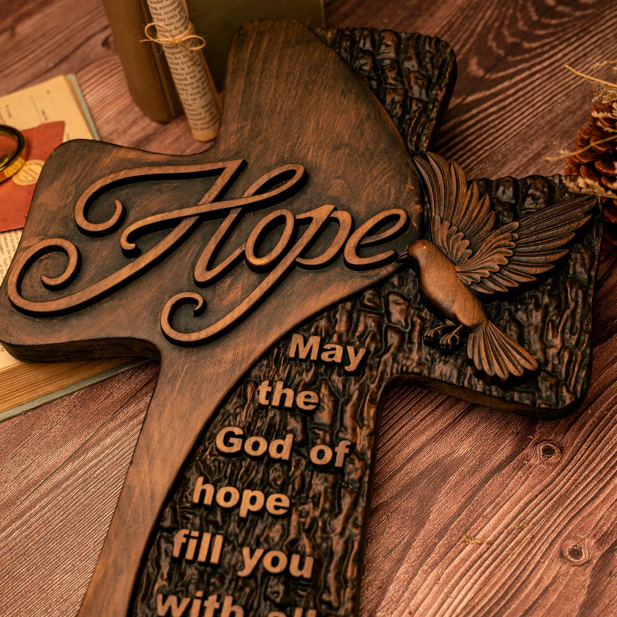 Hand‑Carved Vintage Hope Faith Wooden Cross Flying Dove Bible Verse Relief Wall Art Rustic Christian Home Prayer Corner Decorati