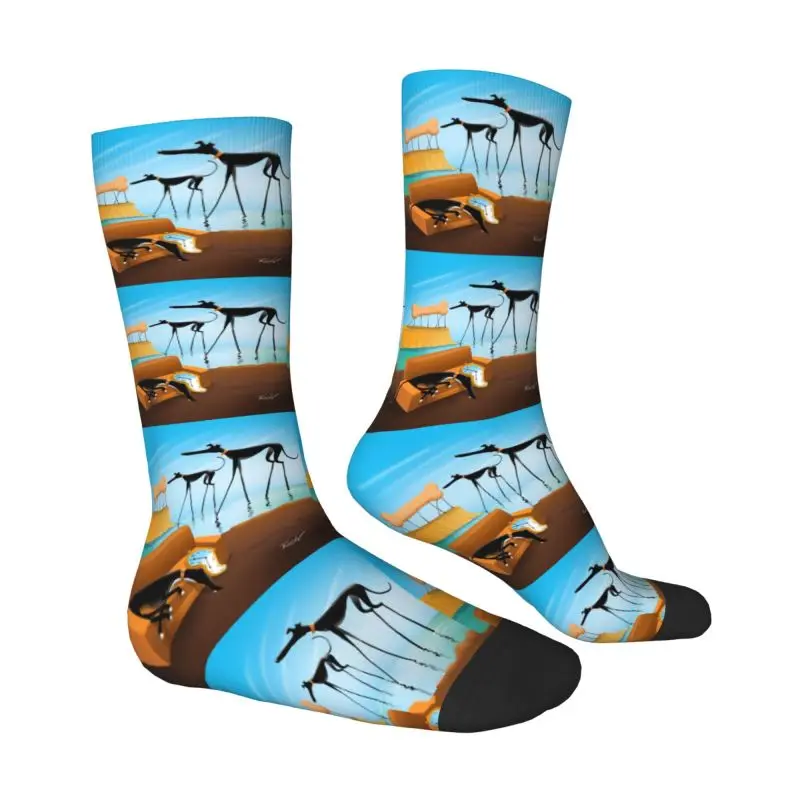 Salvador Dali Funny Greyhound Lurcher Men's Crew Socks Unisex Cool 3D Print Whippet Sighthound Dog Art Dress Socks