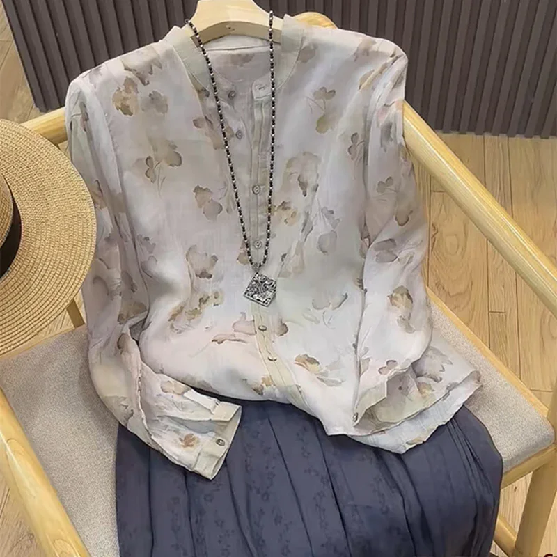 

Кардиган в стиле ретро, модный легкий летний топ с принтом, женская верхняя одежда, повседневная свободная посадка, длинный воротник-стойка