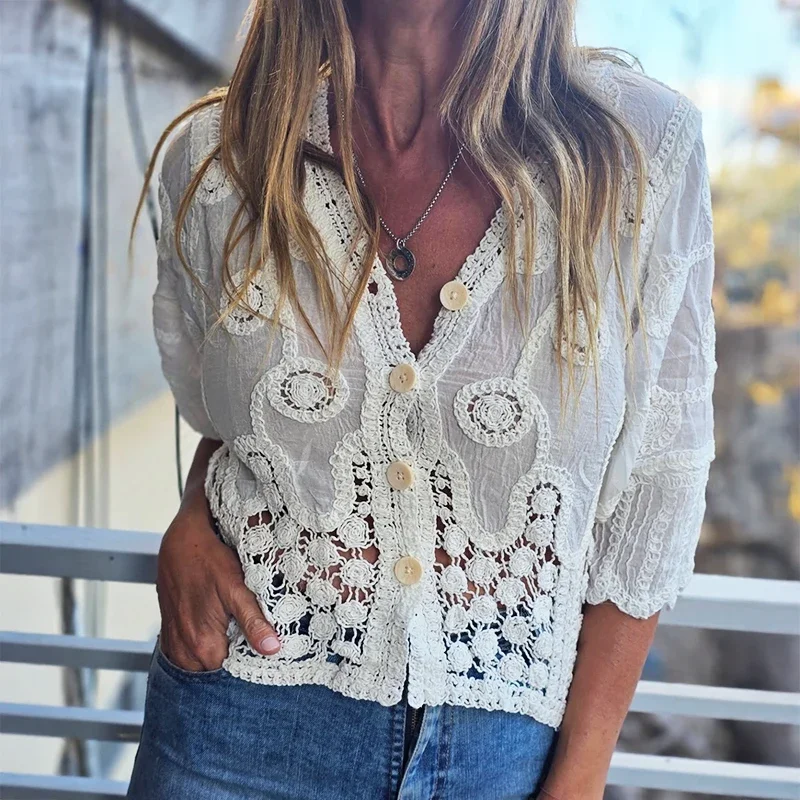 Embroidered Paisley Button-Up Shirt Blouse Women's Hollow-Out Open-Stitch Beach Cover-Up Spring Summer 2026 Boho Chic