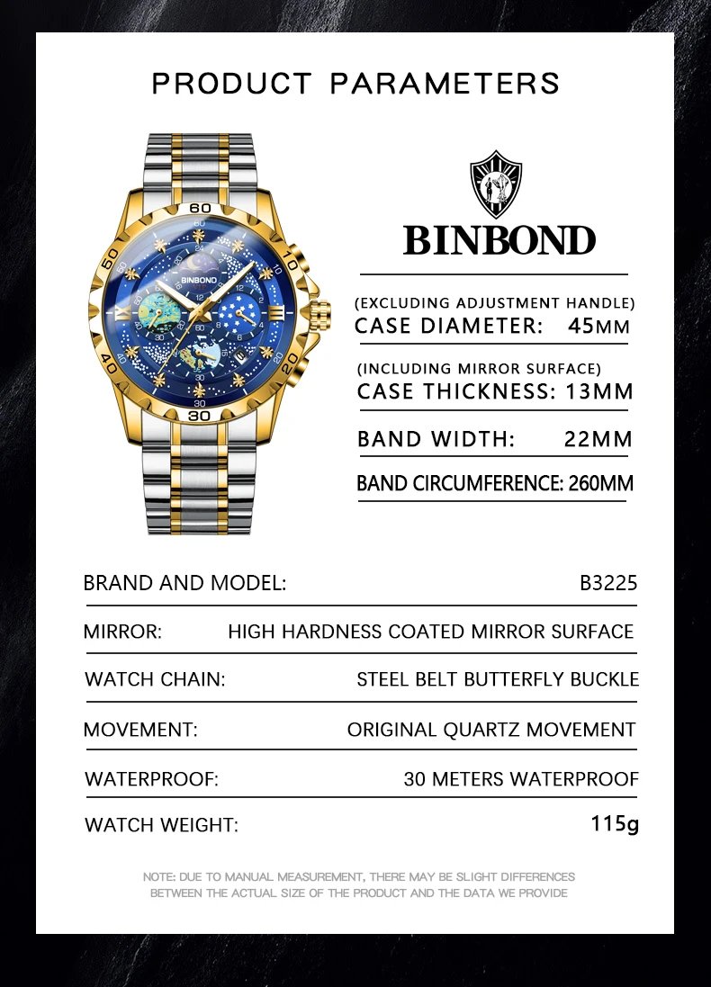 BINBOND 3225 Classic Fashion Men\'s Quartz Hand Multi functional Waterproof Luminous Dial Moon Phase Men\'s Watch 2024