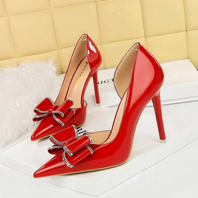 

BIGTREE Fashion New Women Pumps Pointed Toe Butterfly Knot Patent Leather 10.5CM Thin Heels Cover Heel Trend Ladies Woman Shoes