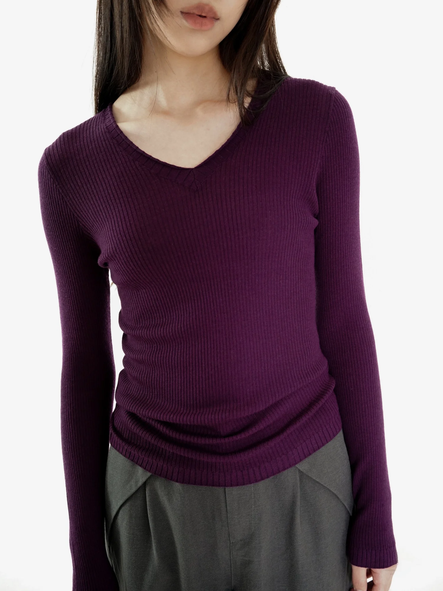 

Moo Fine Spun Pure Wool Knitwear Slim Fit Inner irt Women's Commute Sle hine Waable V-Ne Anti-Pilling