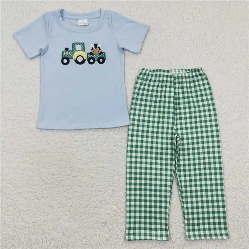 Z924-07 Wholesale Boys Summer Short Sleeve Trousers Animal Suit Pattern Embroidery Elements Bright colors