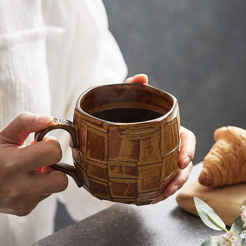 JUSTINLAU Vintage Handmade Ceramic Mug Creative Japanese Couple Coffee Cup Latte Pull Flower Mug Milk Tea Cups Office Water Cups
