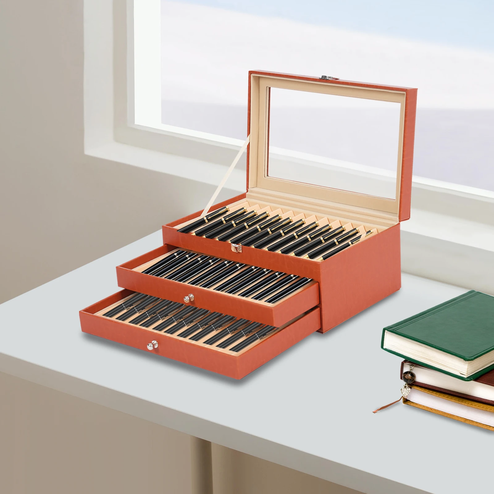 Retro Rectangular Pen Display Box 3-Tier Orange Pen Display Case 36 Slots Holder Leather Storage Collector Organizer Box