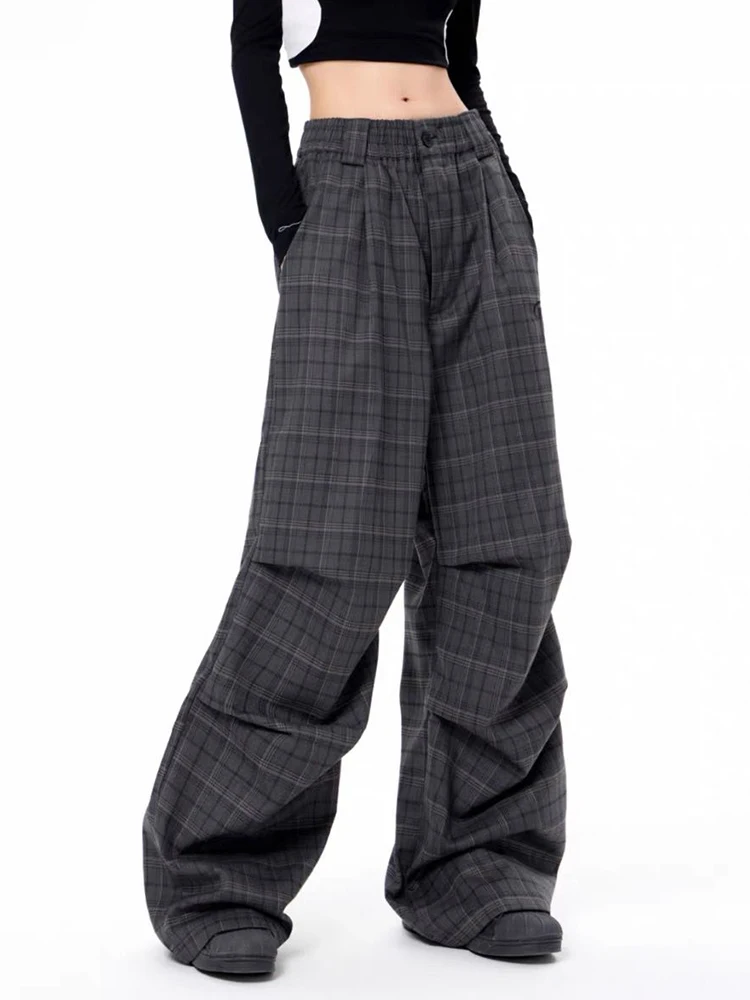 Zoki Y2K Retro Plaid Cargo Pants Women Streetwear High Waist Gothic Trousers American Vintage Loose Casual Bf Pleated Pants New