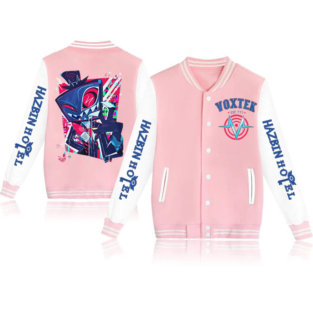

Куртка Hazbin Hotel VOX в стиле бейсбольной формы для мужчин и женщин, дизайн персонажей VOX, куртка Harajuku с длинным рукавом, куртка Hazbin Hotel